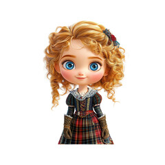 Adorable 3D Render of a Cute Curly-Haired Girl in a Plaid Dress