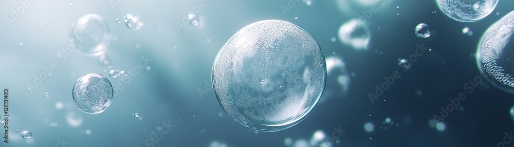 Poster bubbles drift gently through a tranquil underwater environment, illuminated by soft beams of light f