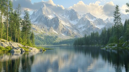 Majestic Mountain Lake Serenity: Breathtaking Alpine Scenery with Tranquil Waters Reflecting Snow-Capped Peaks
