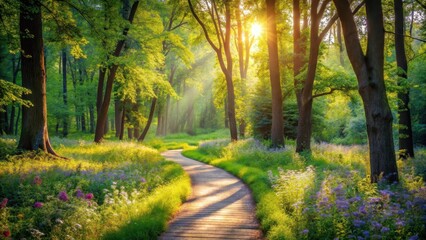 Obraz premium Sunlit Pathway Winding Through a Lush Forest of Vibrant Spring Flowers and Majestic Trees