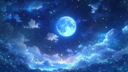 A serene night sky illuminated by a bright moon and twinkling stars amidst fluffy clouds.