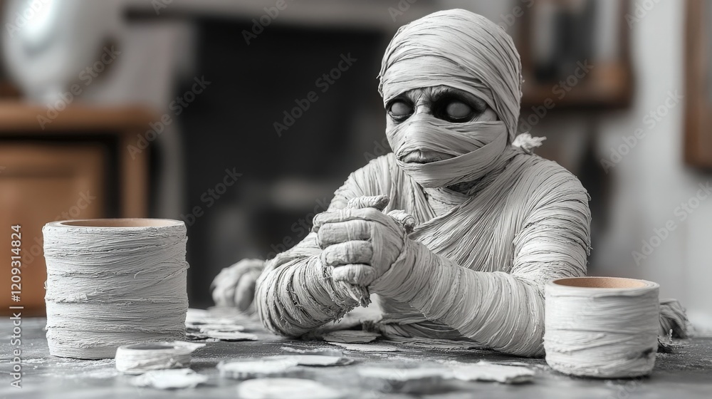 Poster a mysterious mummy figure wrapped in bandages with eyes peering out, surrounded by clay and sculptin