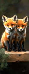 Fototapeta premium Two adorable red fox cubs sit closely on a wooden log, their fluffy fur vibrant against the soft background, capturing a moment of innocence and curiosity in the wild.