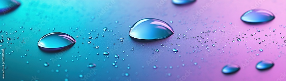 Poster glossy liquid droplets of varying sizes rest on a smooth gradient backdrop blending blue, teal, and 