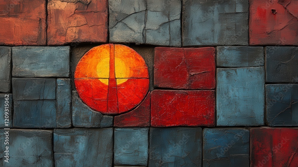 Poster abstract composition with geometric shapes and vibrant colors featuring a central red circle against