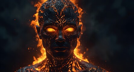 A humanoid figure made of fire, featuring glowing eyes and intricate flame designs, surrounded by swirling embers. 