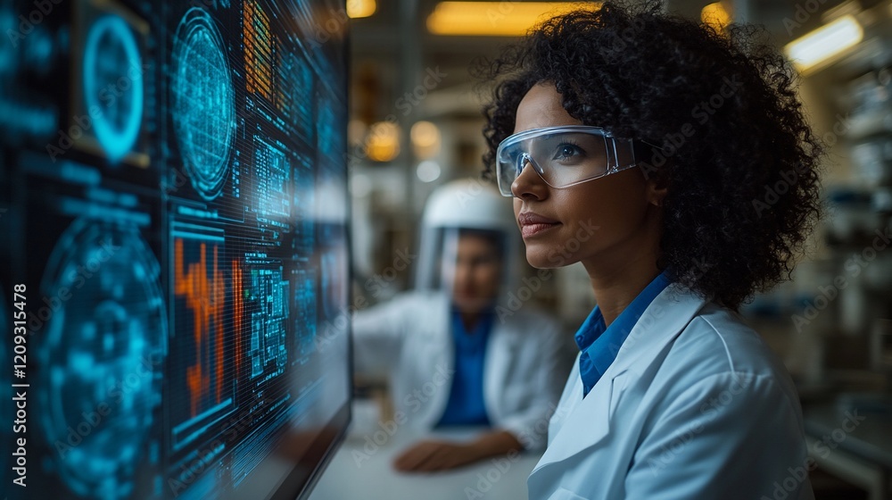 Poster scientist reviewing data on a large monitor in a lab.