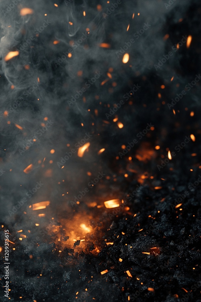 Poster glowing embers illuminate a dark surface while soft smoke swirls gently in the air, creating an arti