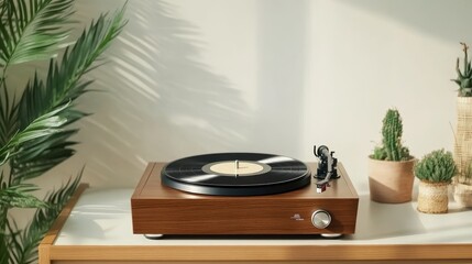 Nostalgic Vibes - Vintage Record Player in Cozy Living Room Setting with Spinning Vinyl Record, Soft Warm Lighting, and Plants, Photorealistic Scene on White Background