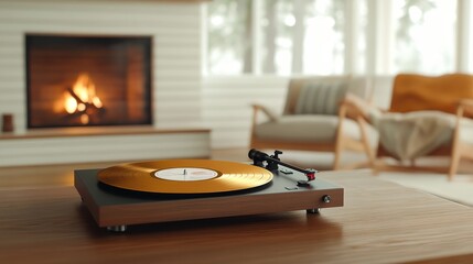 Retro Cozy Evening: Vintage Record Player in Rustic Cabin Setting with Golden Vinyl Record Spinning by Fireplace - Photorealistic Ambiance