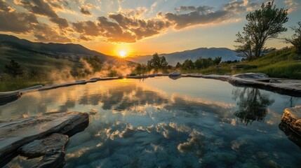 Sunrise Reflection in a Mountain Hot Spring