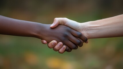 Close-up of Diverse Hands Shaking in Unity and Cooperation, Symbolizing Friendship, Trust, and Mutual Respect Between Different Cultures in Nature Setting