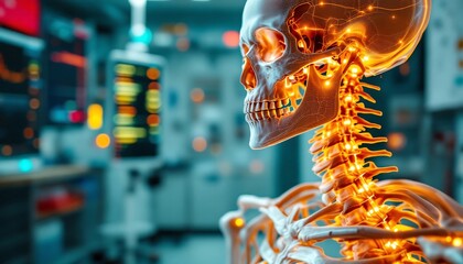 Fototapeta premium Glowing Human Skeleton Anatomy: Medical 3D Model in Hospital Setting