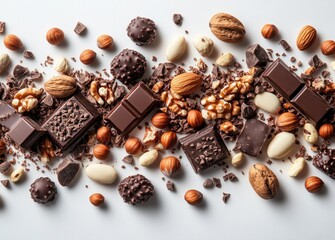 Assorted Nuts and Chocolate Pieces Floating in Mid-Air on White Background Minimalist Photography