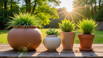 Fototapeta premium Lush green plants in unique ceramic pots on rustic garden table, nature's beauty. Spring plantings.