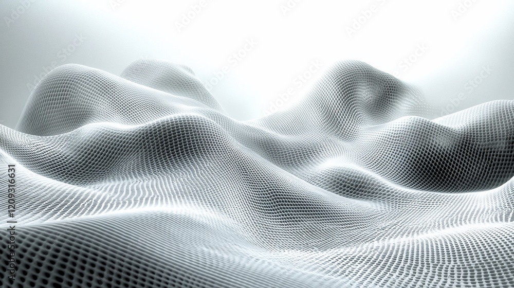 Poster Abstract grayscale 3D rendering of undulating mesh landscape.