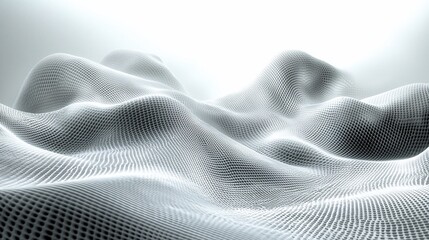 Abstract grayscale 3D rendering of undulating mesh landscape.