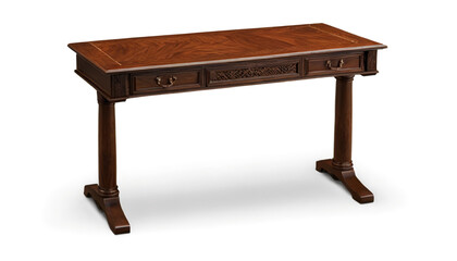 Detailed depiction of a beautifully crafted wooden table, showing off the intricate wood grain pattern and polished surface on a white background