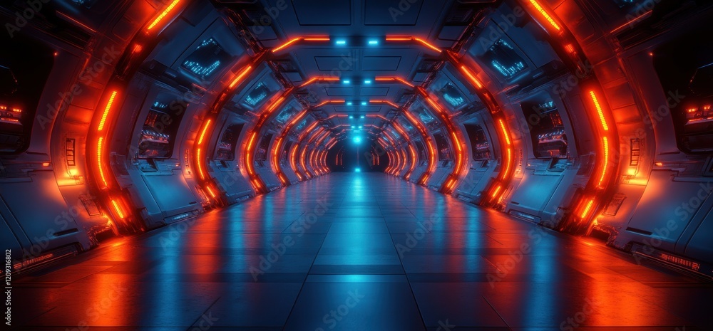 Poster futuristic cyberpunk tunnel warehouse with neon lights and angular design in alien spaceship
