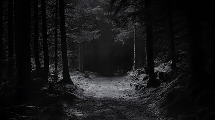 Dark Forest Path Leading Into Mysterious Depth