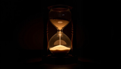 Glowing hourglass in darkness with falling sand, symbolizing time awareness