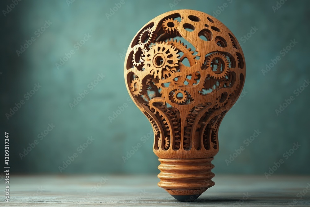Poster workflow automation process diagram with wooden gears lightbulb concept on white background