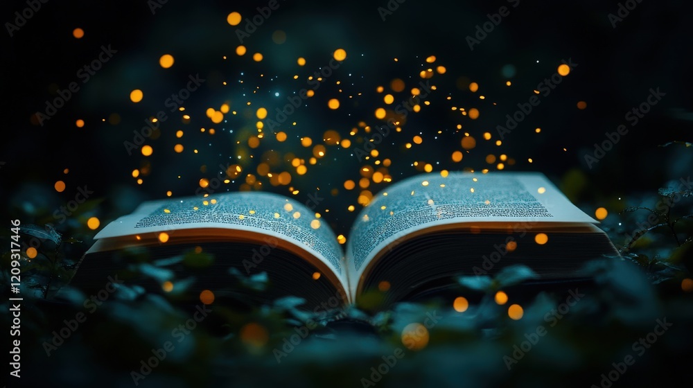 Poster enchanted open book with magical dust and glowing particles amidst lush greenery in a dark setting