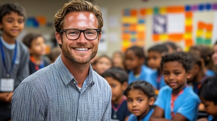 Fototapeta premium Engaging Male Educator Smiling Amidst Diverse Group of Children in Classroom Setting, Inspiring Learning and Growth with Joyful Atmosphere of Education