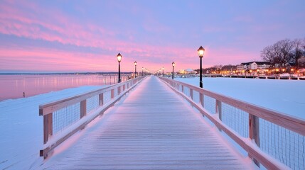Fototapeta premium Snow-covered wooden pier with glowing lampposts extends into a calm lake under a vibrant pink and purple sunset sky in winter.