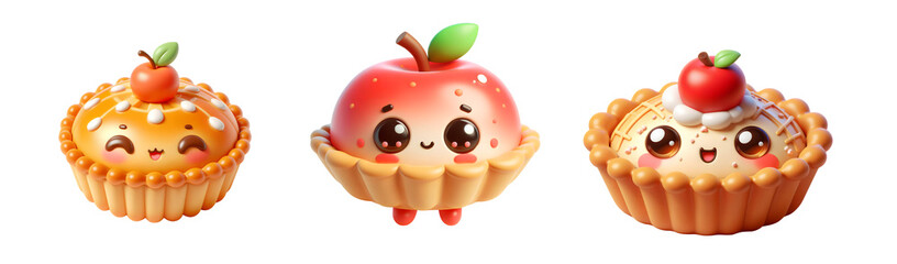 3D cartoon apple pie on transparent or white background