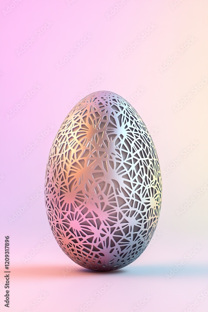 Poster showcasing a 3d-printed easter egg adorned with futuristic patterns in soft metallic hues, set again