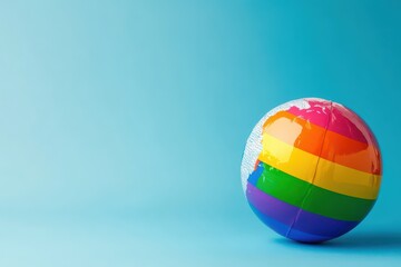 Global unity and diversity celebration for International day against homophobia, biphobia, and transphobia. Horizontal banner. Copy space. Globe in colors of LGBT flag on a blue background