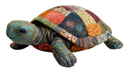 Quilted turtle sculpture displays vibrant textile artistry and creative design isolated on transparent background