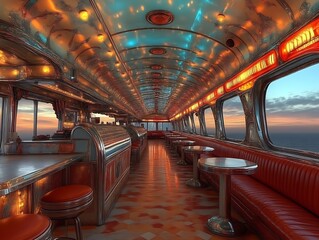 Retro diner car interior at sunset.