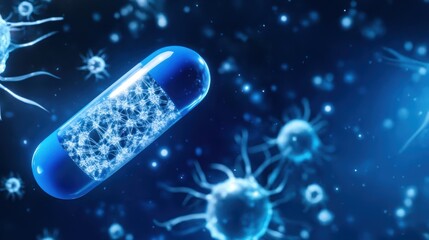 Blue and white capsule shaped pill floating in the air, highlights mental wellness supplements, vitamin treatment, and health supplements