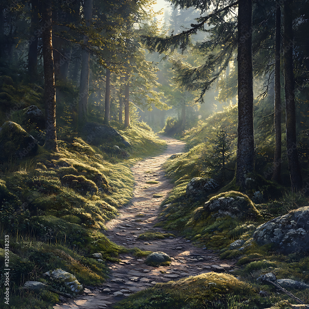 Poster serene landscape featuring mysterious path winding through lush forest, surrounded by tall trees and