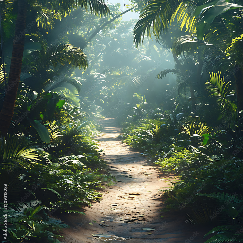 Poster serene path through lush, green jungle, illuminated by soft sunlight filtering through dense foliage