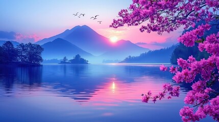 Serene landscape with mountains, a lake, and blooming pink flowers at sunset.