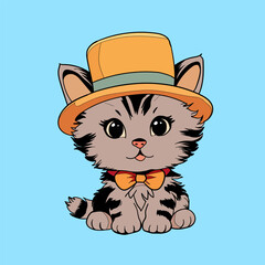 Cute Cat Wearing Hat And Bow Tie Cartoon Vector Illustration