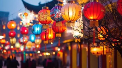 Chinese New Year Festivity: A Blurred China Town Backdrop with a Vibrant Lantern Festival bathed in a Spectrum of Colors.