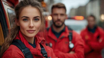 Obraz premium Portrait of team of paramedics in red medical uniform posing outdoors. Male and female doctors standing in street near ambulance and smiling at camera. Medical workers. Professional nurses, first aid 