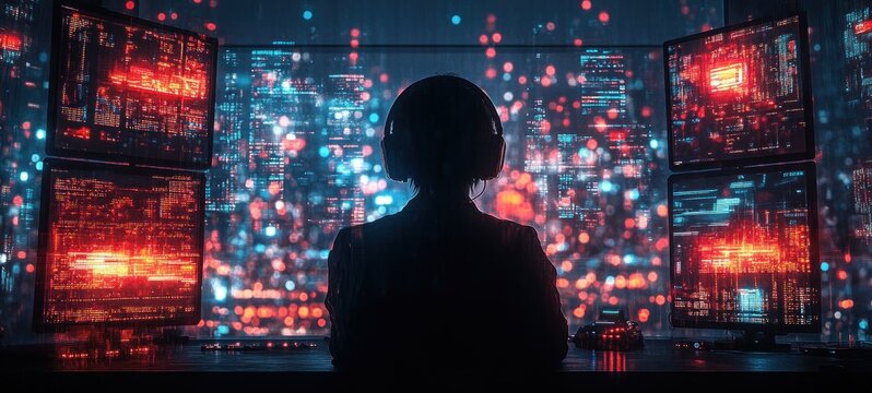 Emergency Operators in Cyberpunk Command Center with Headsets and Video Walls Providing High-Tech Security and Monitoring Services
