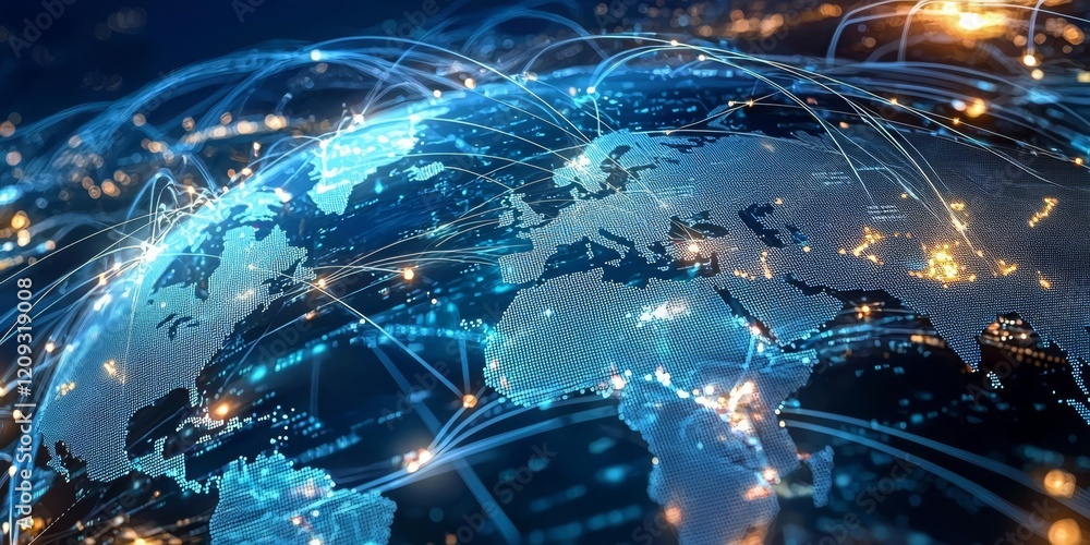 Poster abstract representation of a world map showcasing global connectivity.
