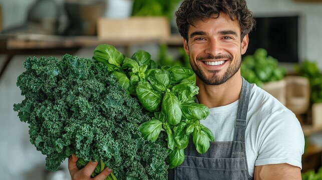 Confident man showcasing a vibrant bunch of kale and basil against a light background