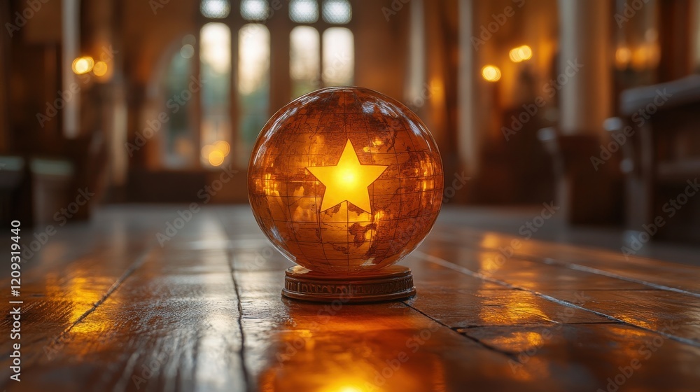 Poster illuminated globe with a star on a wooden floor, showcasing textures and warm light in a rustic inte
