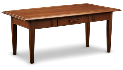 Detailed depiction of a beautifully crafted wooden table, showing off the intricate wood grain pattern and polished surface on a white background