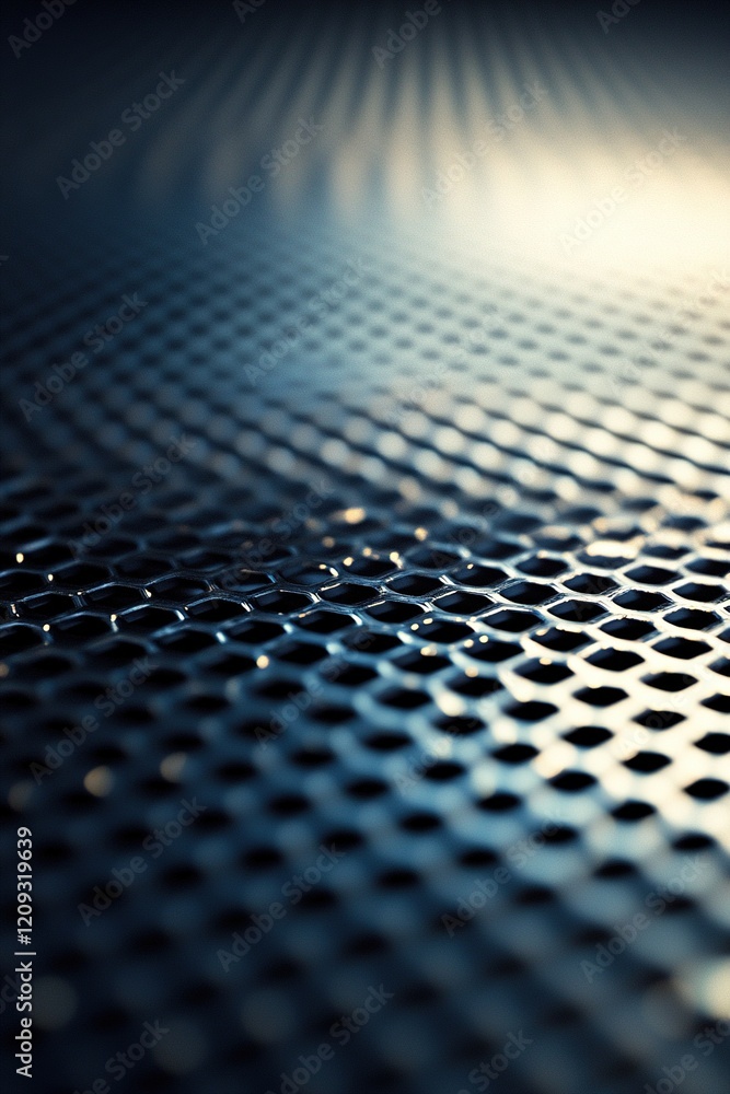 Poster this abstract industrial backdrop features a detailed metal grid with geometric designs, set on a da