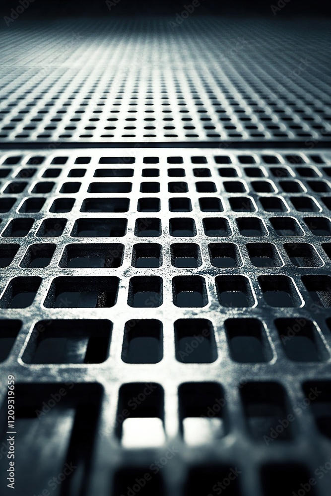 Poster this backdrop showcases a metal grid with intricate geometric designs on a dark setting, accompanied