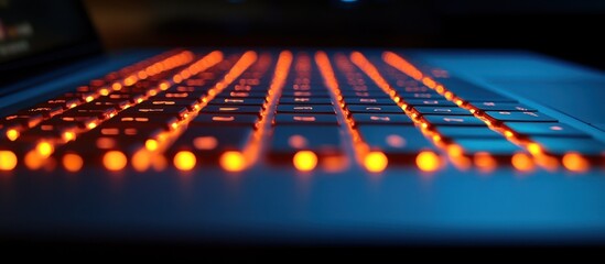 Illuminated laptop keyboard at night.