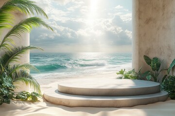 Tropical Beach Product Display Stand with Monstera Leaves and Serene Ocean Background 3D Rendering